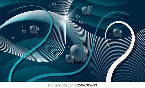 Abstract art wallpaper with transparent bubbles. Fractal composition of chaotically overlapping shapes, stripes, lines, a flash of light, transparent bubbles. Template for your projects. Vector.