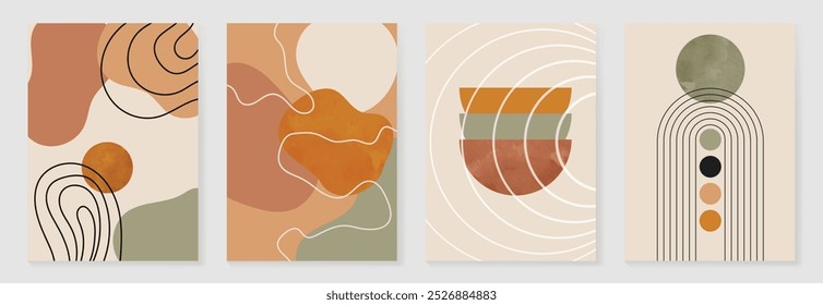 Abstract art watercolor background vector. Minimal hand painted watercolor, line art, geometric shape illustration. Design for wall decoration, wall arts, cover, postcards, brochure.