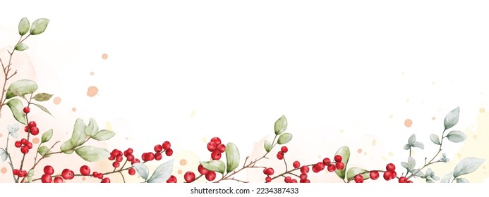 Abstract art watercolor of berries branches designed on stains background. Watercolor natural art is suitable for decorative Christmas festivals, Winter, New year, header, banner, web, or cards.