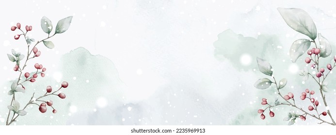 Abstract art watercolor of berries branches and snow fall designed on stains background. Watercolor natural art is suitable for decorative Christmas festivals, Winter, header, banner, web, or cards.