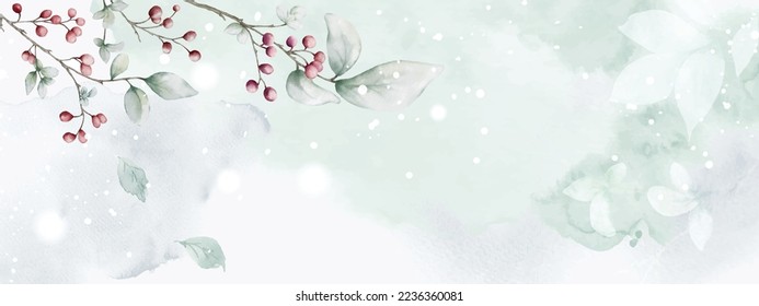 Abstract art watercolor of berries branches and snow fall designed on stains background. Watercolor natural art is suitable for decorative Christmas festivals, Winter, header, banner, web, or cards.