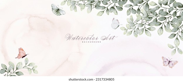 Abstract art watercolor foliage and butterflies painting for background. Banner collection of natural botanical watercolor vector. suitable for headers, covers, greeting cards, or wall decoration.