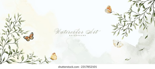 Abstract art watercolor foliage and butterflies painting for background. Banner collection of natural botanical watercolor vector. suitable for headers, covers, greeting cards, or wall decoration.