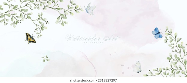 Abstract art watercolor foliage and butterflies painting for background. Banner collection of natural botanical watercolor vector. suitable for headers, covers, greeting cards, or wall decoration.