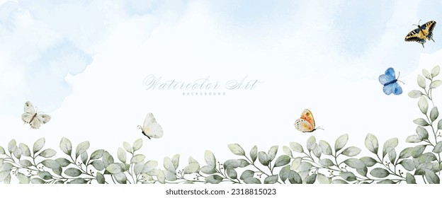 Abstract art watercolor foliage and butterflies painting for background. Banner collection of natural botanical watercolor vector. suitable for headers, covers, greeting cards, or wall decoration.