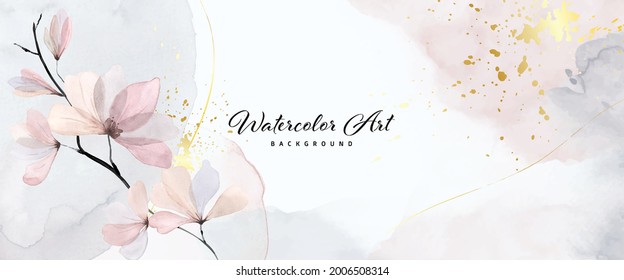 Abstract art watercolor gentle flower and gold splash for nature banner background. Watercolor art design suitable for use as header, web, wall decoration. brush included in file.