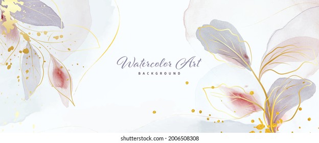 Abstract art watercolor gentle gold leaves and gold splash for nature banner background. Watercolor art design suitable for use as header, web, wall decoration. brush included in file.