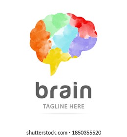 Abstract Art Watercolor Human Brain Logo With Paint Colorful Background. Creative Design Template Sign Mind, Symbol People IQ, Art Therapy, Icon Brain. Logotype Startup, Business Development  Company.