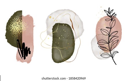 Abstract art watercolor minimalist print, blob frame shapes minimal artwor. Vector Perfect for custom house design, nordic stabile shape design, contemporary graphic icon, modern collage with gold. 