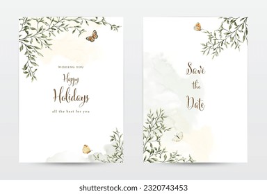 Abstract art watercolor painting foliage and butterflies for invitation template cards set. Natural collection watercolor vector is suitable for Wedding invitations, save the date, or greeting cards.