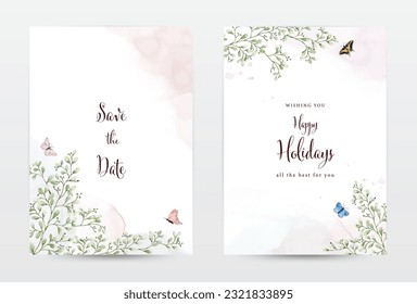 Abstract art watercolor painting foliage and butterflies for invitation template cards set. Natural collection watercolor vector is suitable for Wedding invitations, save the date, or greeting cards.