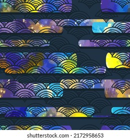 Abstract art with watercolor texture. Vector illustration. Green color retro patterned japanese ocean wave. Pattern. Dark background, wallpaper