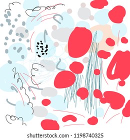 Abstract art web template / background. Fashion pattern. Hand Drawn textures. Abstract original painting. Light blue, red spots, colorful lines, dots on white background.