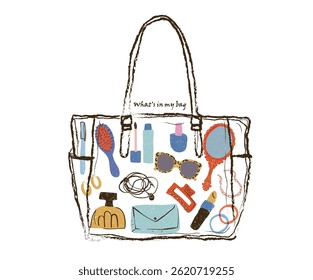 Abstract art. What's in my bag. Daily lifestyle accessories in ladies bag. Fashion elements design for fashion, top, dress, graphics, slogan tee, posters and others. 