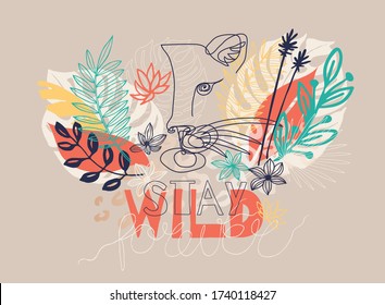 Abstract art wild cat silhouette hand drawn with continuous line. Simple tropical palm leaf background drawing. Hand drawn vector character line art illustration