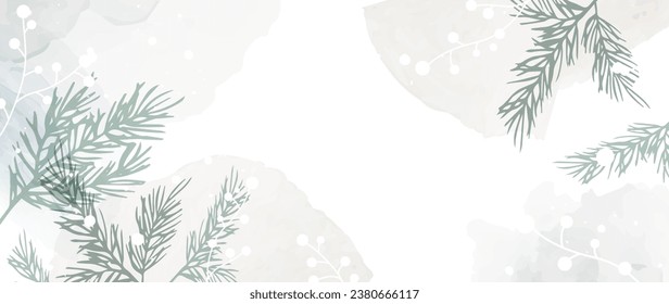 Abstract art winter background vector. Luxury invitation card background with golden lines, botanical leaves, pine, fir, watercolor. Vector invitation design and vip cover template, wall decor.	
