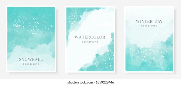 Abstract art winter snowy vector illustration watercolor background with frame for text and splashes, streaks and paint stains. Design template for banner, sale promotion, social media publication.