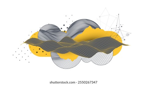 Abstrakte Kunst Drahtgitter Hintergrund. Moderne wissenschaftliche oder technologische Kunstelemente. Oberflächendarstellung. Handgefertigter Vektor.