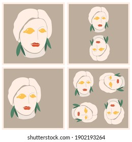 Abstract art, woman portrait, face. Set of square мector trendy minimal illustration.  Venus. Postcard design, t-shirt print design. Collection. Sicilian, Italian, Greek goddess