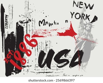 Abstract art world historic buildings illustration. statue of Liberty art,  t shirt graphics print vector illustration design, Urban USA typography, Grunge style New york and statue of liberty