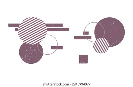 abstract art wtih shabby grunge texture, stipes and circles set, geometrical figures, scratched painting effect, minimal art, set of two differently shaped geometrical forms