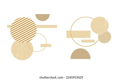 abstract art wtih shabby grunge texture, stipes and circles set, geometrical figures, scratched painting effect, minimal art, set of two differently shaped geometrical forms, created in gold color