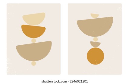 abstract art wtih shabby grunge texture, geometrical figures stylized to bowls on small beads, scratched painting effect, minimal art, set of two differently shaped geometrical forms