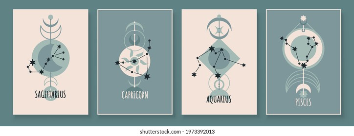 Abstract art with zodiac celestial sign and constellation. Sagittarius Archer, Capricornus Goat, Aquarius Water Bearer, Pisces Fish. Wall art in vintage style. Minimalistic vector background design.