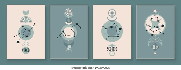 Abstract art with zodiac celestial sign and constellation. Virgo, Leo, Scorpio, Libra. wall art in vintage style. Wall decor painting. Minimalistic background design. Vector illustration.