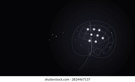 Abstract artificial intelligence brain silhouette assembled from glowing particles and precision nodes. Ebony, Platinum and Silver color theme.