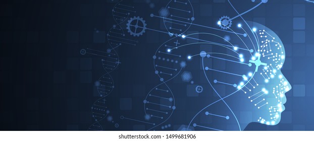 Abstract artificial intelligence DNA technology. Science and social concept.  Futuristic connection structure with cell background