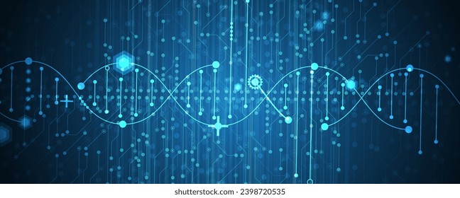 Abstract artificial intelligence DNA technology. Science and social concept.  Futuristic connection structure with cell background. Handmade Vector.