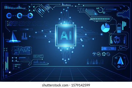 abstract Artificial Intelligence in futuristic hud interface hologram elements of digital on blue background.