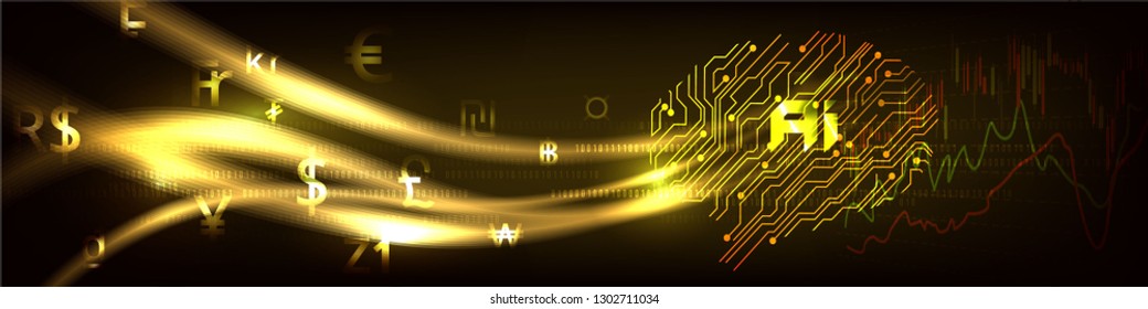 Abstract Artificial intelligence, great concepts for money transfer,currency, or stock exchange. Futuristic user analyzes infographics, online trading and e-commerce.