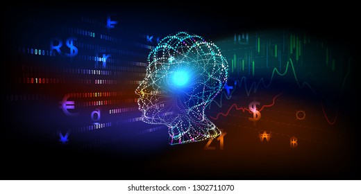 Abstract Artificial intelligence, great concepts for money transfer,currency, or stock exchange. Futuristic user analyzes infographics, online trading and e-commerce.