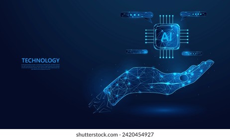 Abstract artificial intelligence system processor on dark blue background. Low poly wireframe style technology background