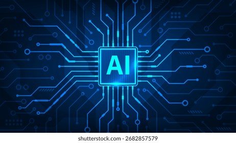 Abstract Artificial intelligence technology chip processor circuit board on blue background