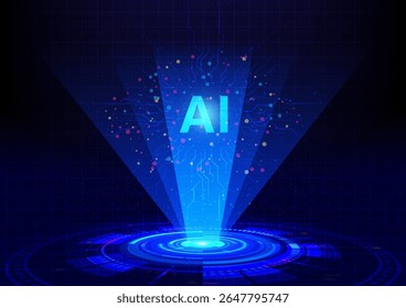Abstract artificial intelligence technology concept. Text "AI" hologram from futuristic data system hud interface, on digital circuit, brain symbols elements on mesh network dark blue tone background.