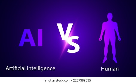 Abstract artificial intelligence vs humans, AI versus human analogy concept, AI replacements such as ChatGPT, OpenAI on a blue, purple, futuristic beautiful background.