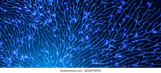 Abstract Artificial Neural Network Flow Lines. Glowing Blue Data Streams and Connections Inspired by Mycelium Fungus Network. AI Communication Network. Dynamic Energy Lines Vector Illustration