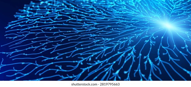 Abstract Artificial Neural Network Flow Lines. Glowing Blue Data Streams and Connections Inspired by Mycelium Fungus Network. AI Communication Network. Dynamic Energy Lines Vector Illustration