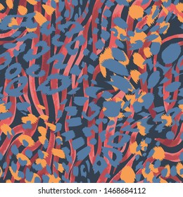Abstract artisitc seamless pattern with sophisticated camouflage texture. Animal skin leopard spots fur with zebra stripes skin background. Trendy stripes animal pattern. Good for fabric and textile. 
