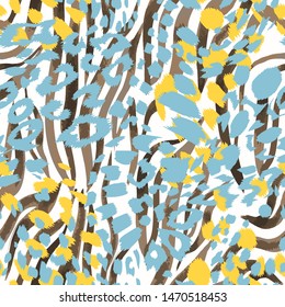 Abstract artisitc seamless pattern with sophisticated camouflage texture. Animal skin leopard spots fur with zebra stripes skin background. Trendy stripes animal pattern. Good for fabric and textile. 