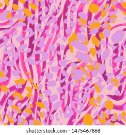 Abstract artisitc seamless pattern with sophisticated camouflage texture. Animal skin leopard spots fur with zebra stripes skin background. Trendy stripes animal pattern. Good for fabric and textile. 