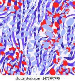 Abstract artisitc seamless pattern with sophisticated camouflage texture. Animal skin leopard spots fur with zebra stripes skin background. Trendy stripes animal pattern. Good for fabric and textile. 