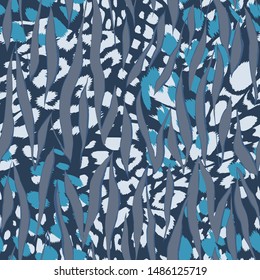 Abstract artisitc seamless pattern with sophisticated camouflage texture. Animal skin leopard spots fur with zebra stripes skin background. Trendy stripes animal pattern. Good for fabric and textile. 