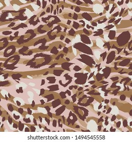 Abstract artisitc seamless pattern with sophisticated camouflage texture. Animal skin leopard spots fur with zebra stripes skin background. Trendy stripes animal pattern. Good for fabric and textile. 