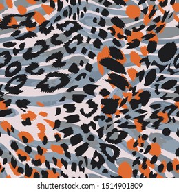 Abstract artisitc seamless pattern with sophisticated camouflage texture. Trendy mix animal skin leopard spots fur with zebra stripes skin background. Jungle  animal print for fabric and textile.
