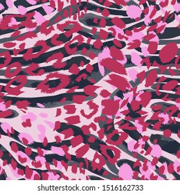 Abstract artisitc seamless pattern with sophisticated camouflage texture. Trendy mix animal skin leopard spots fur with zebra stripes skin background. Jungle animal print for fabric and textile.