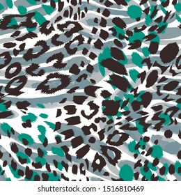 Abstract artisitc seamless pattern with sophisticated camouflage texture. Trendy mix animal skin leopard spots fur with zebra stripes skin background. Jungle animal print for fabric and textile.